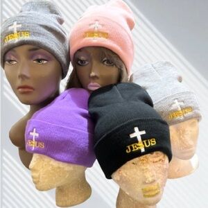 Unisex Stylish Gray 1 light grey and 2 Purple Beanie knit hat w/h Jesus' Design